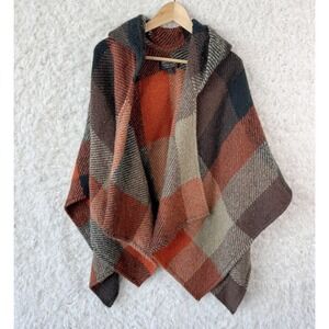 John Branigan Weavers OS Hooded Wool Blend Poncho Cape Plaid Ireland Brown